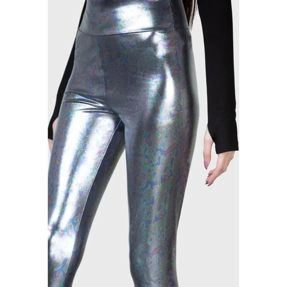 Killstar Beam Me Up Silver Holographic Iridescent High Waisted Leggings Medium - Picture 5 of 5